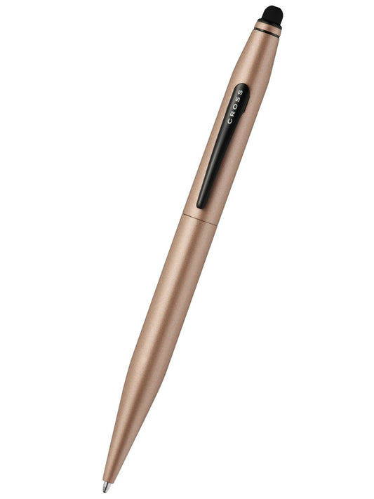 Rose gold pen with black accents on a white background